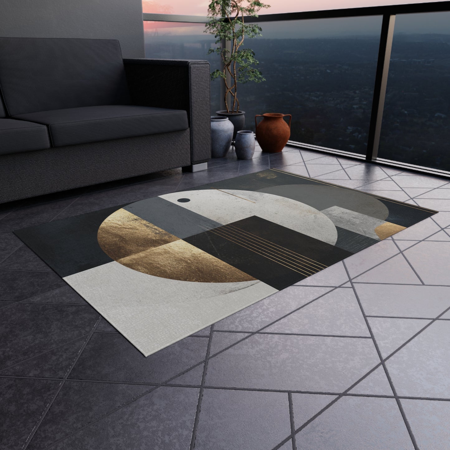 Geometric Circles Outdoor Rug — Modern Abstract Patio Mat with Gold Accents | Loom Noir