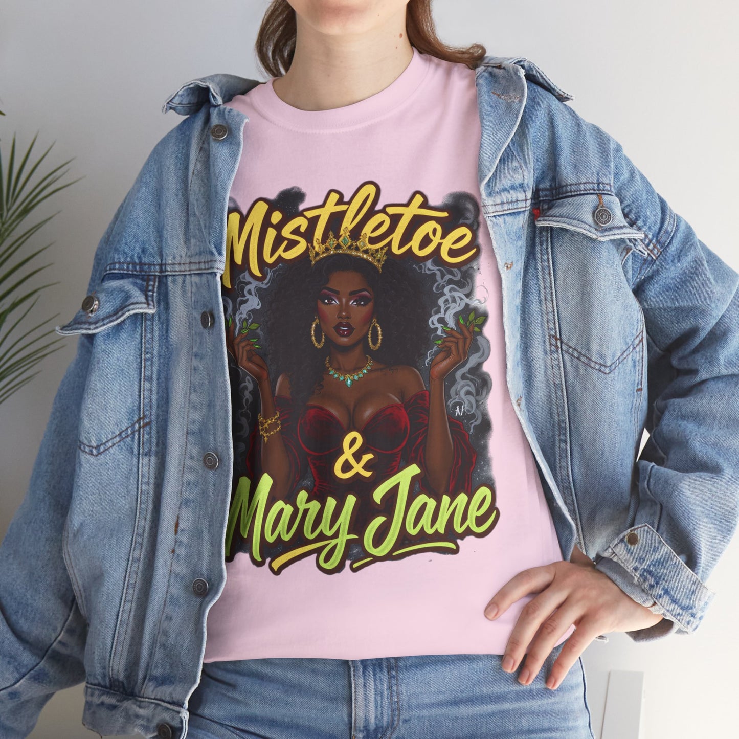 Mistletoe & Mary Jane Holiday Cannabis T-Shirt | Festive Weed Tee
