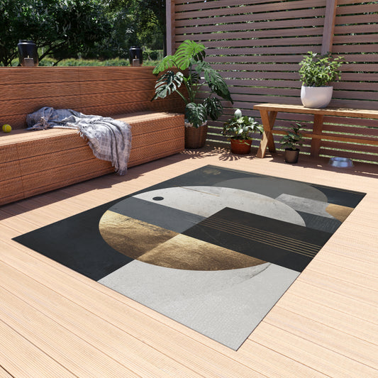 Geometric Circles Outdoor Rug — Modern Abstract Patio Mat with Gold Accents | Loom Noir