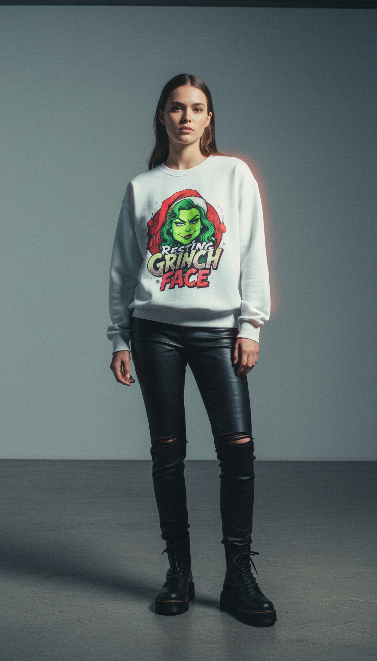 Funny Christmas Grinch Face Sweatshirt - Women's Crewneck | Loom Noir