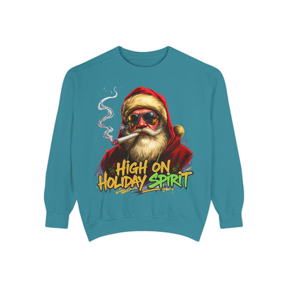 Holiday Santa Sweatshirt - High on Holiday Spirit - Graphic Christmas Crewneck