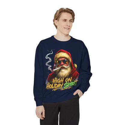 Holiday Santa Sweatshirt - High on Holiday Spirit - Graphic Christmas Crewneck