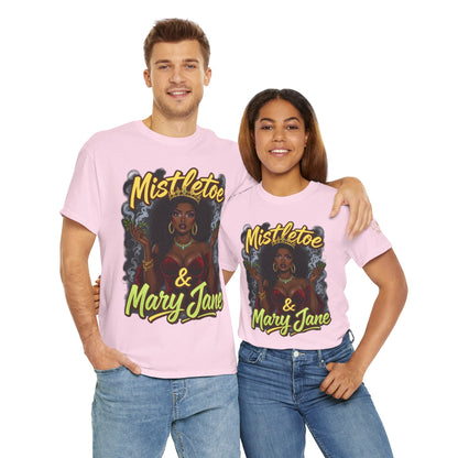 Mistletoe & Mary Jane Holiday Cannabis T-Shirt | Festive Weed Tee