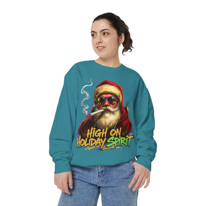 Holiday Santa Sweatshirt - High on Holiday Spirit - Graphic Christmas Crewneck