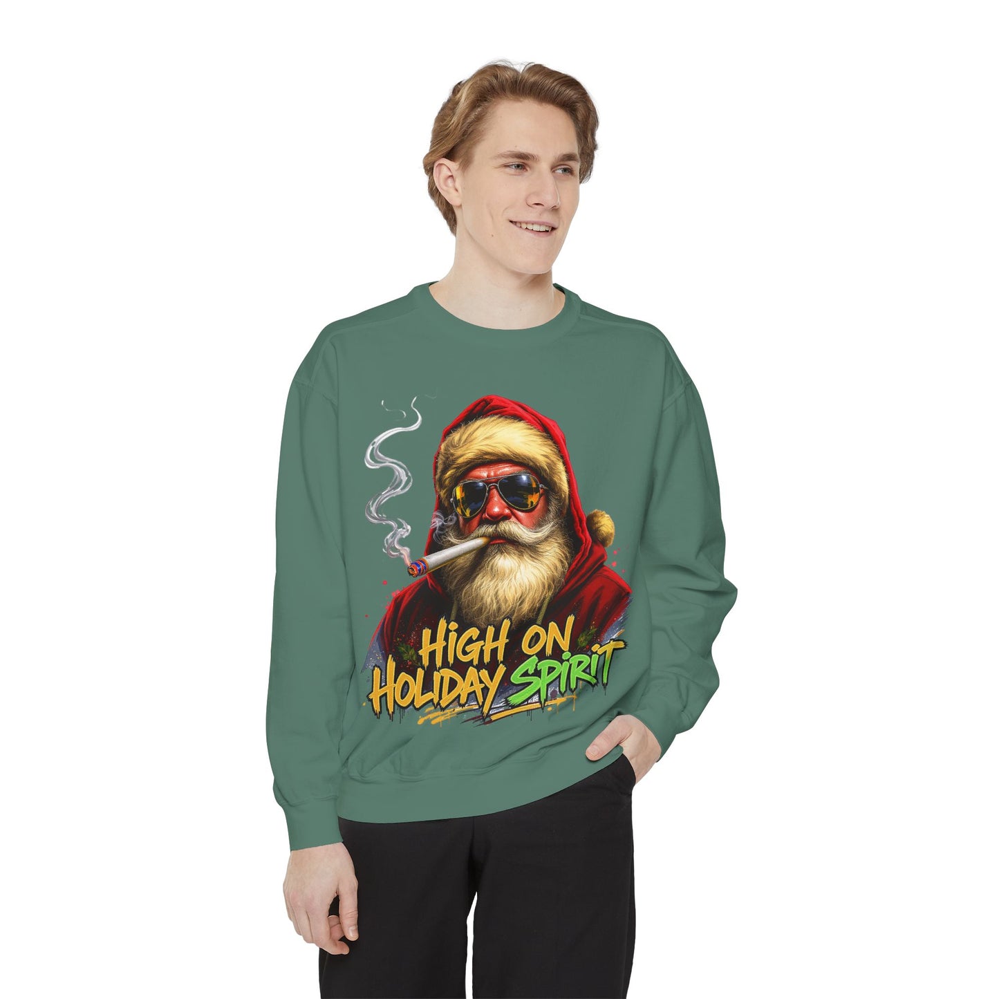 Holiday Santa Sweatshirt - High on Holiday Spirit - Graphic Christmas Crewneck
