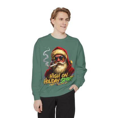 Holiday Santa Sweatshirt - High on Holiday Spirit - Graphic Christmas Crewneck