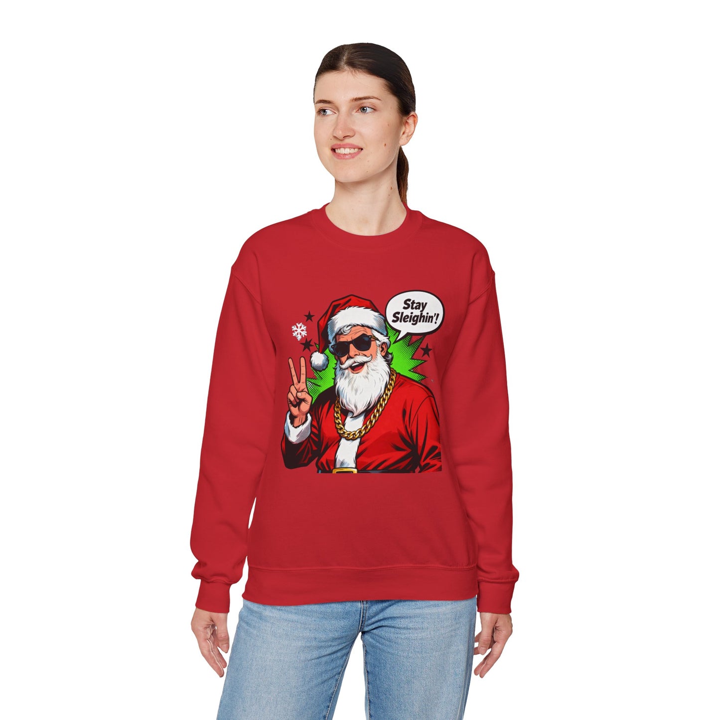 Stay Sleighin' Sweatshirt - Santa Peace Sign Christmas Crewneck | Loom Noir