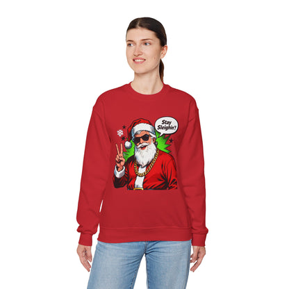 Stay Sleighin' Sweatshirt - Santa Peace Sign Christmas Crewneck | Loom Noir