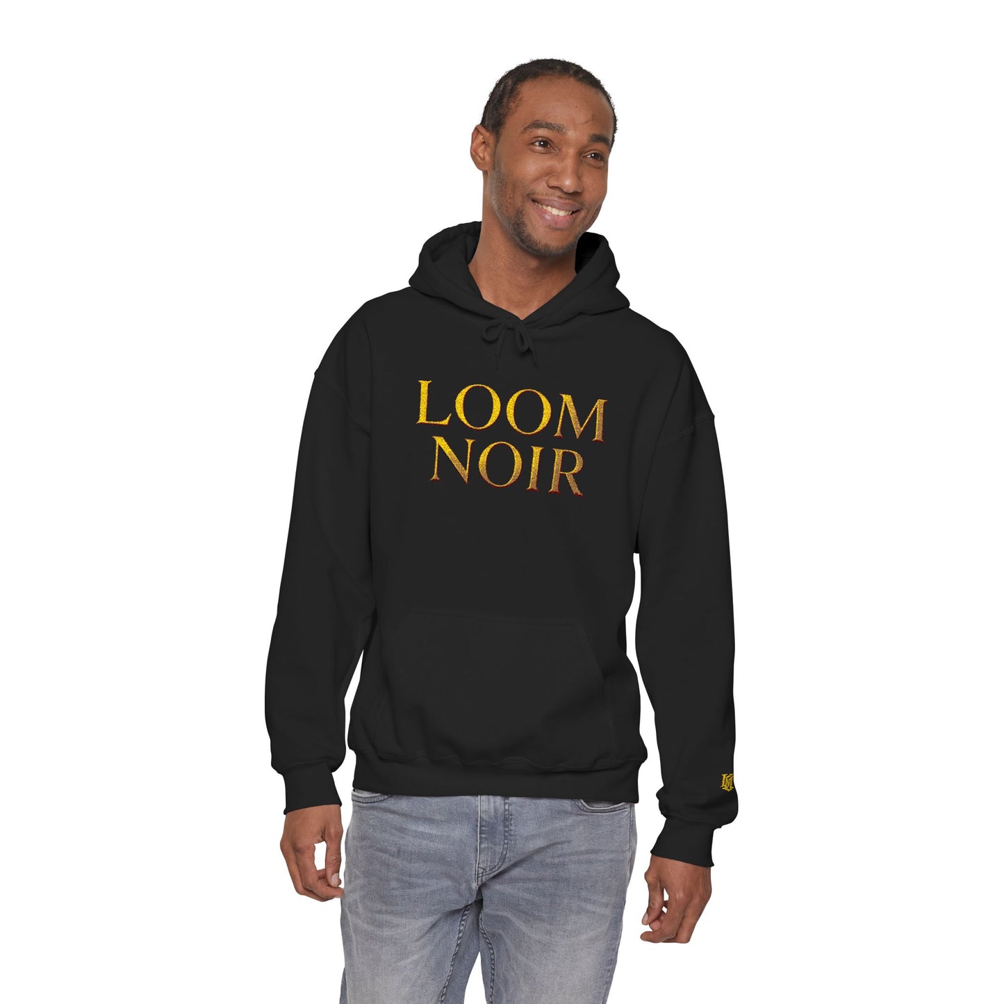 Gold Foil Text Hoodie - Loom Noir Premium Pullover | Streetwear