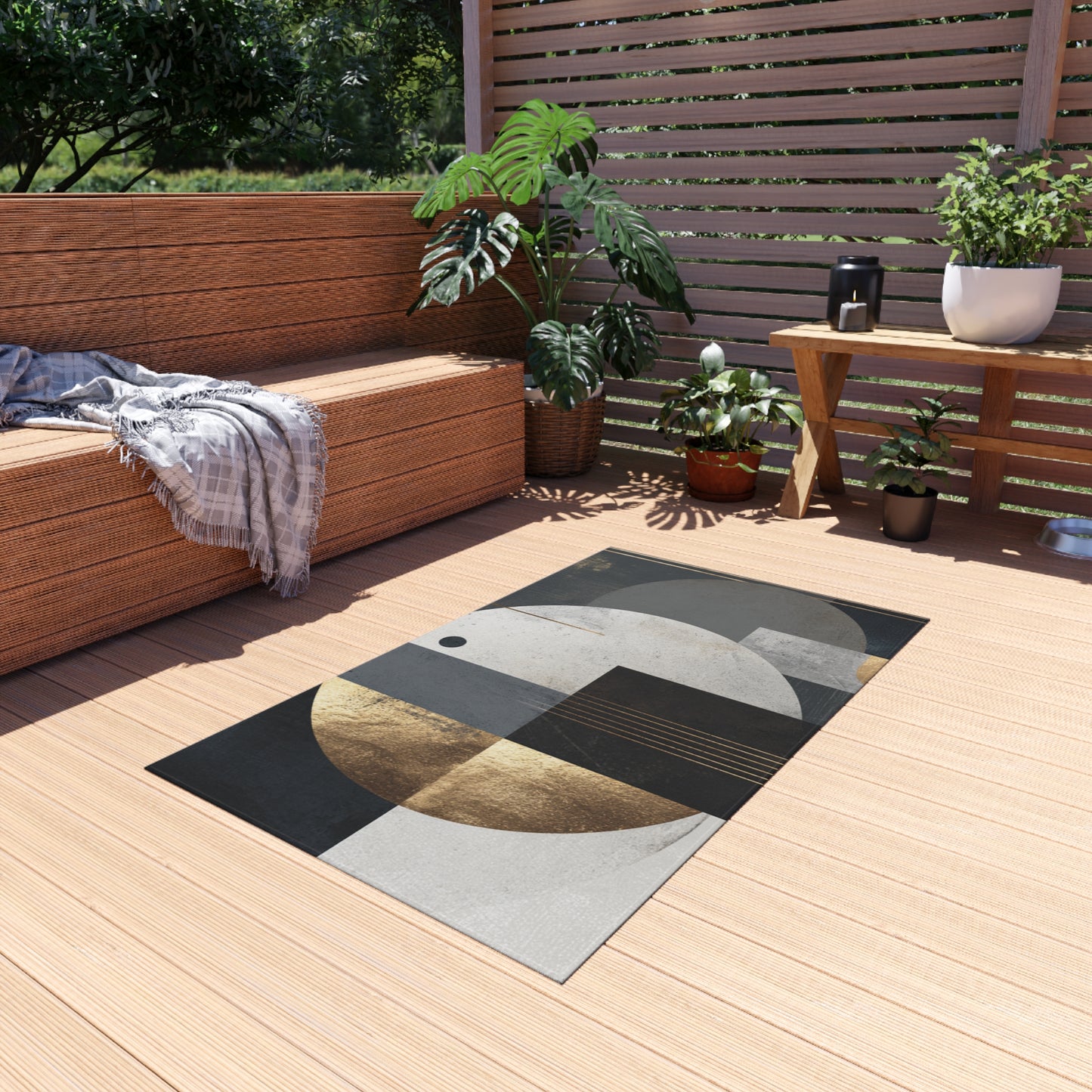 Geometric Circles Outdoor Rug — Modern Abstract Patio Mat with Gold Accents | Loom Noir