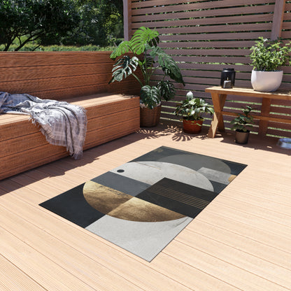 Geometric Circles Outdoor Rug — Modern Abstract Patio Mat with Gold Accents | Loom Noir