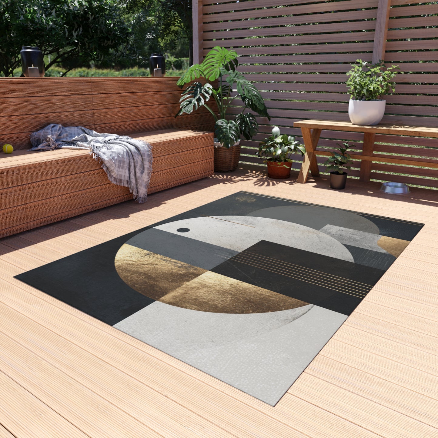 Geometric Circles Outdoor Rug — Modern Abstract Patio Mat with Gold Accents | Loom Noir