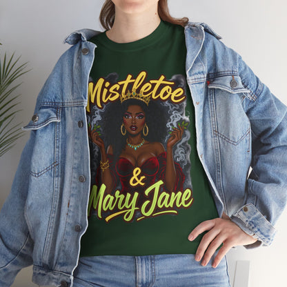 Mistletoe & Mary Jane Holiday Cannabis T-Shirt | Festive Weed Tee
