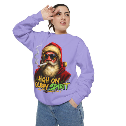 Holiday Santa Sweatshirt - High on Holiday Spirit - Graphic Christmas Crewneck