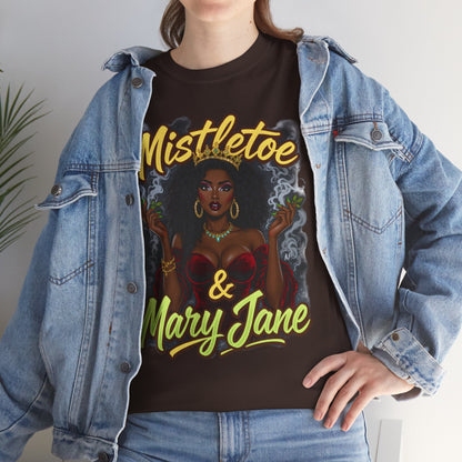 Mistletoe & Mary Jane Holiday Cannabis T-Shirt | Festive Weed Tee