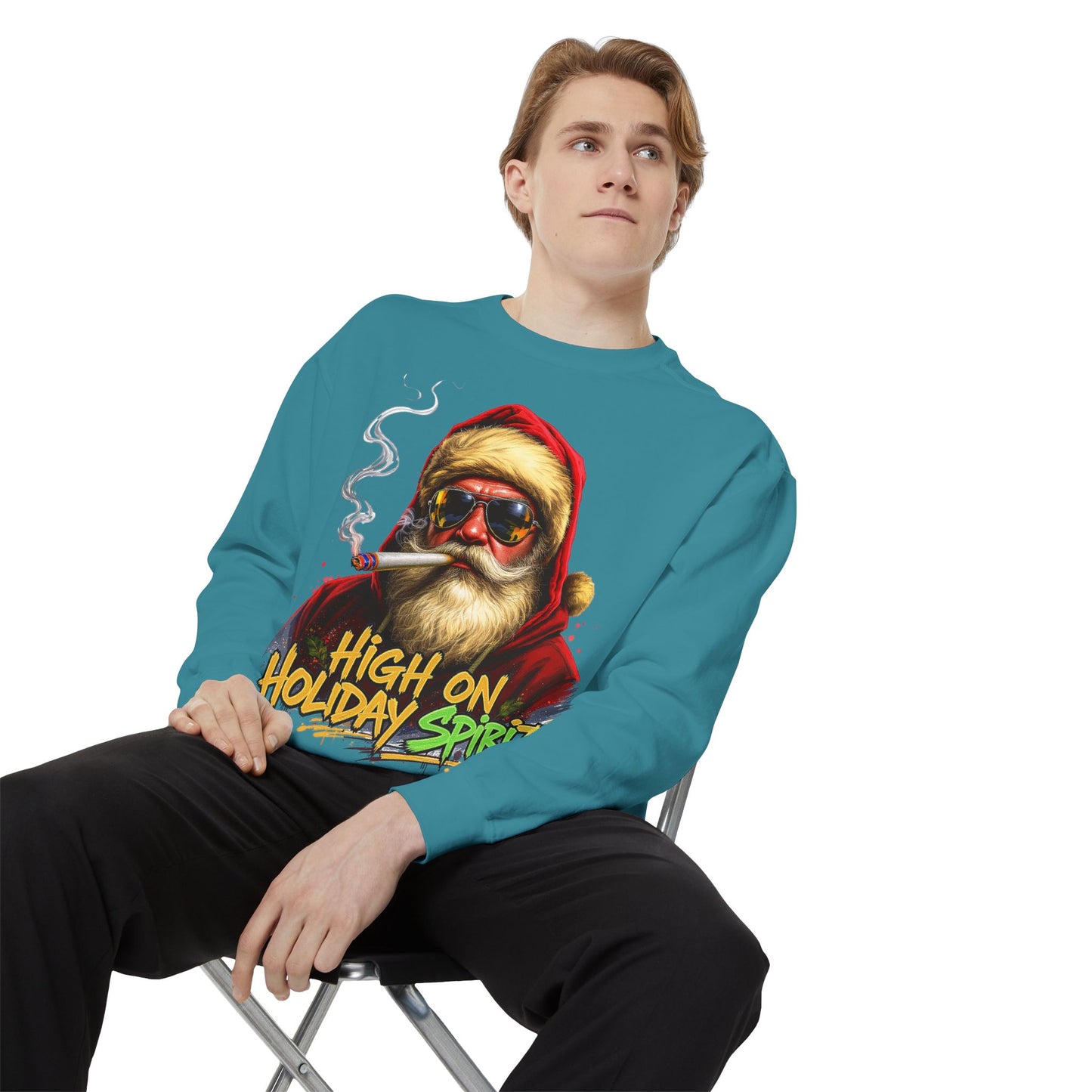 Holiday Santa Sweatshirt - High on Holiday Spirit - Graphic Christmas Crewneck