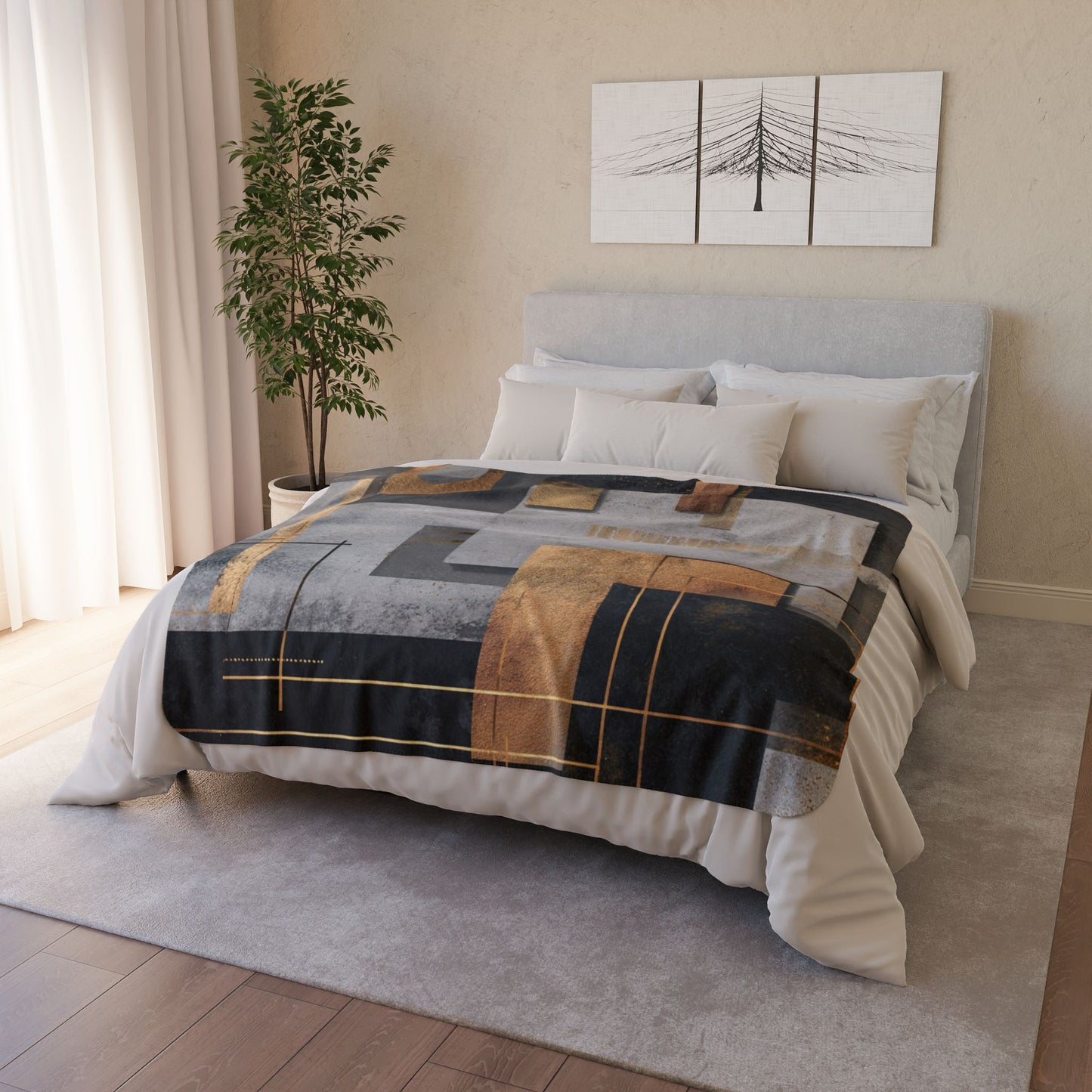 Geometric Gold & Slate Sherpa Blanket | Modern Abstract Throw