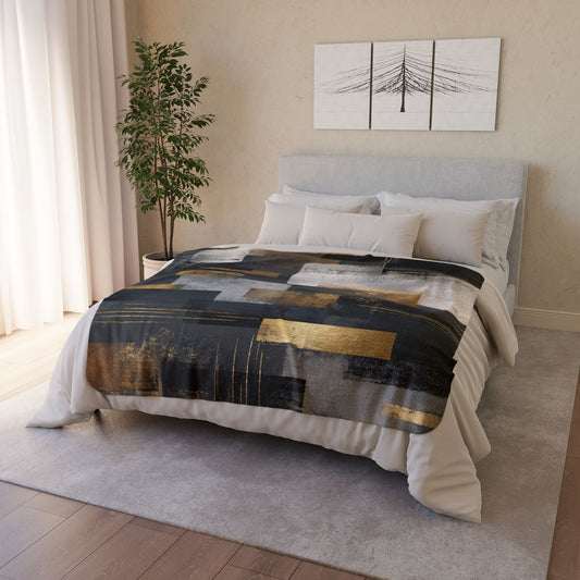 Abstract Gold & Slate Sherpa Blanket | Modern Geometric Throw