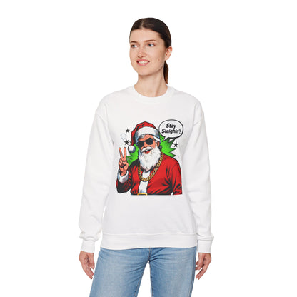 Stay Sleighin' Sweatshirt - Santa Peace Sign Christmas Crewneck | Loom Noir