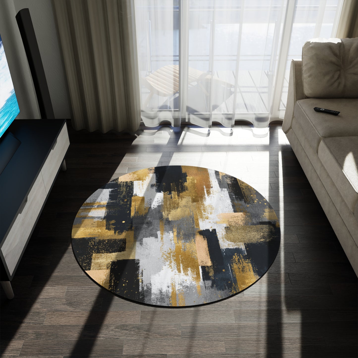 Abstract Gold & Charcoal Round Rug — Modern Circular Accent Rug | Loom Noir