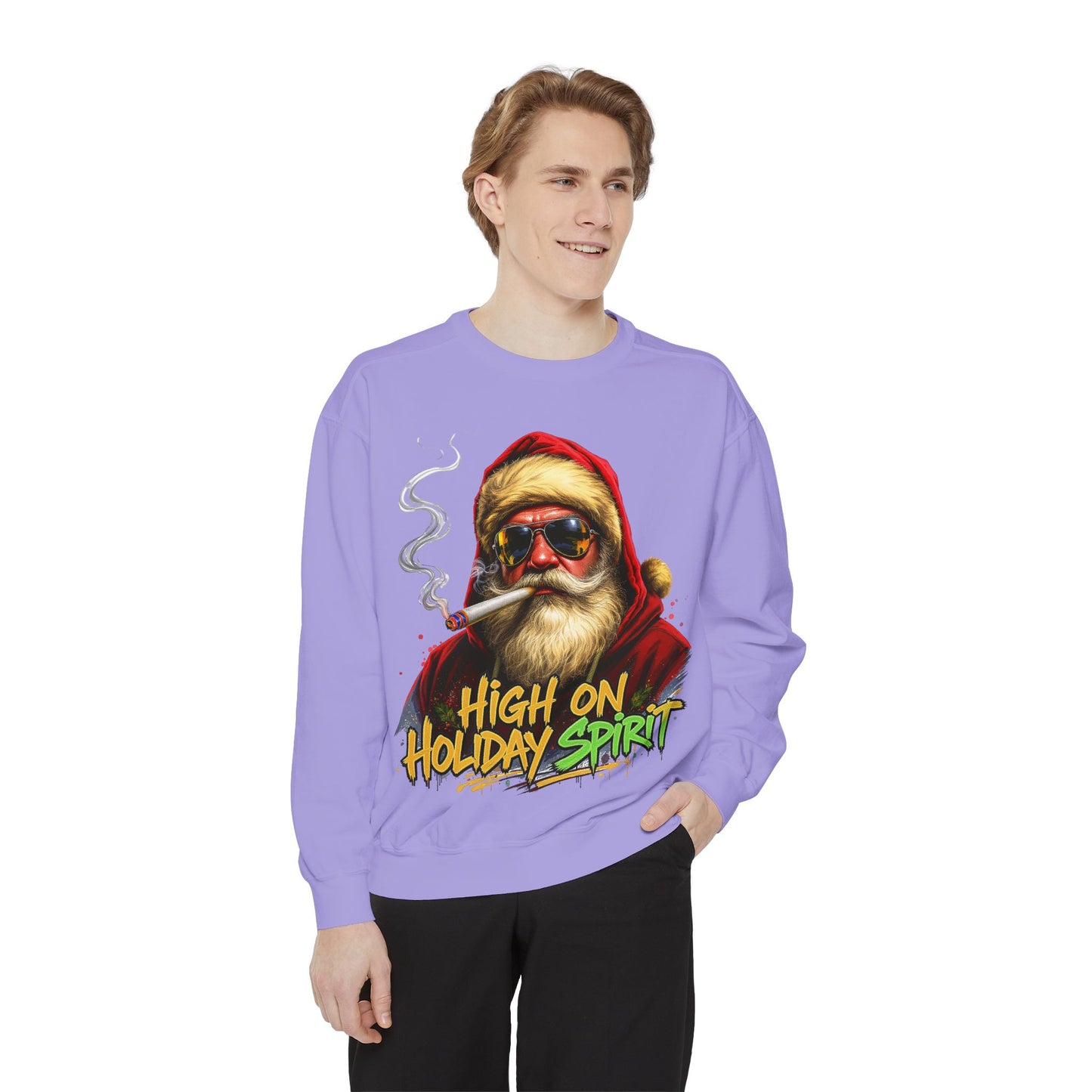 Holiday Santa Sweatshirt - High on Holiday Spirit - Graphic Christmas Crewneck