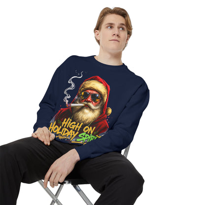 Holiday Santa Sweatshirt - High on Holiday Spirit - Graphic Christmas Crewneck