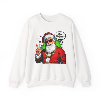 Stay Sleighin' Sweatshirt - Santa Peace Sign Christmas Crewneck | Loom Noir