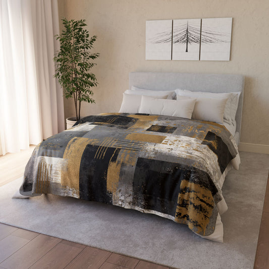 Modern Abstract Geometric Sherpa Blanket — Gold, Gray & Black Cozy Throw