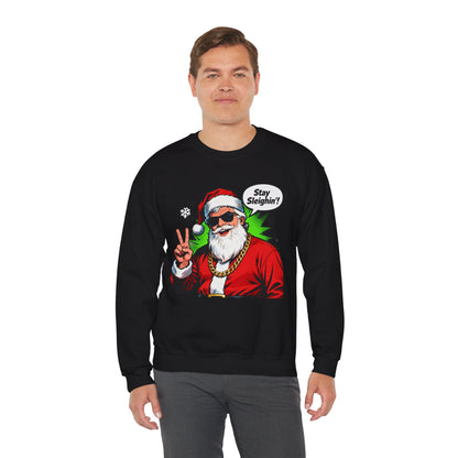 Stay Sleighin' Sweatshirt - Santa Peace Sign Christmas Crewneck | Loom Noir