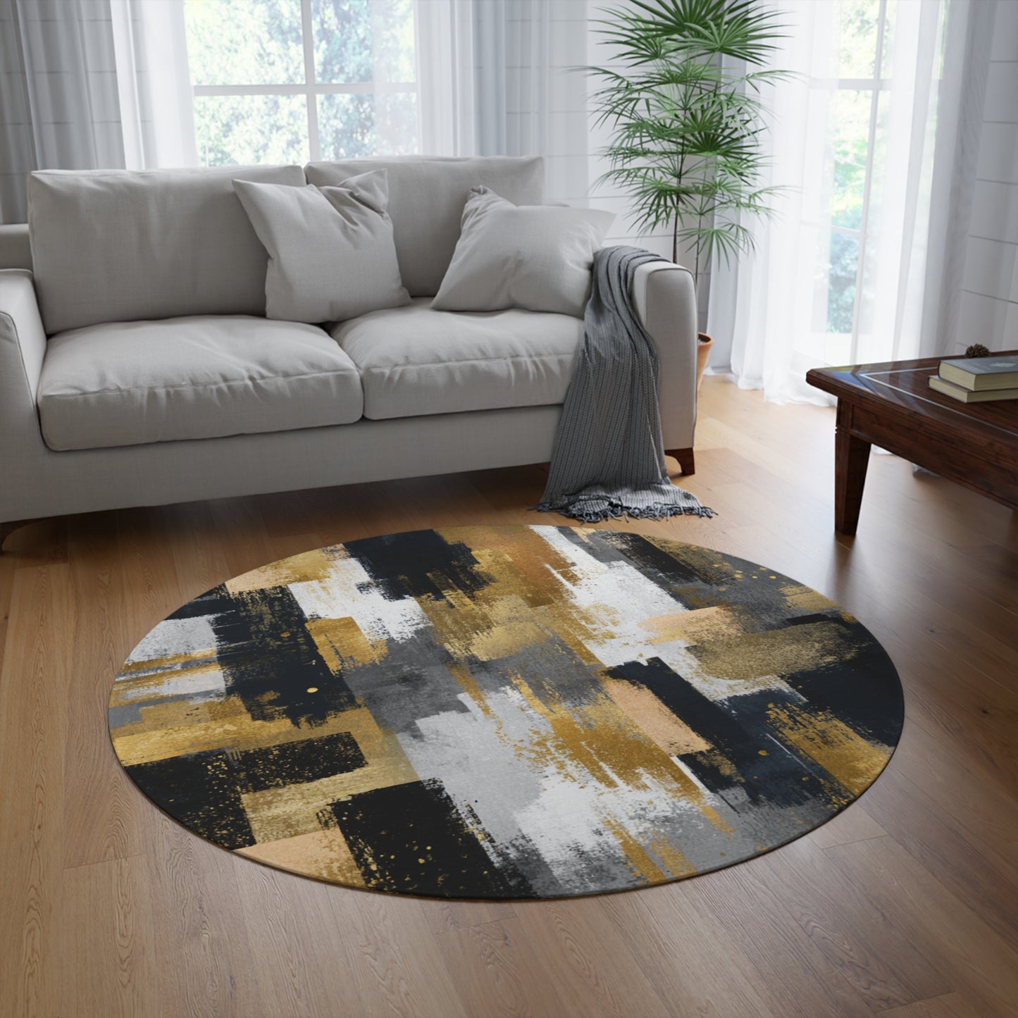 Abstract Gold & Charcoal Round Rug — Modern Circular Accent Rug | Loom Noir