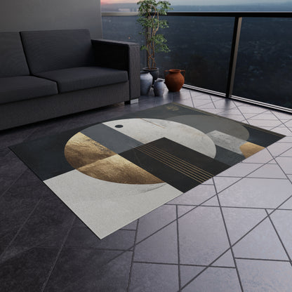 Geometric Circles Outdoor Rug — Modern Abstract Patio Mat with Gold Accents | Loom Noir