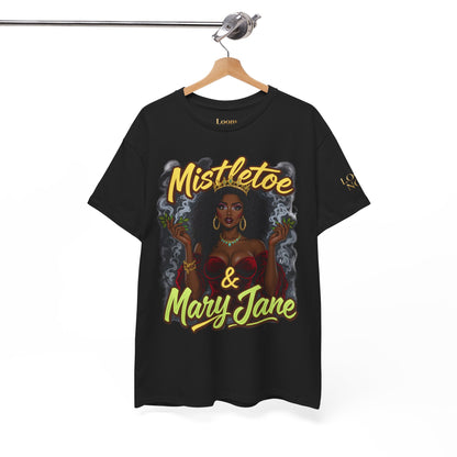 Mistletoe & Mary Jane Holiday Cannabis T-Shirt | Festive Weed Tee