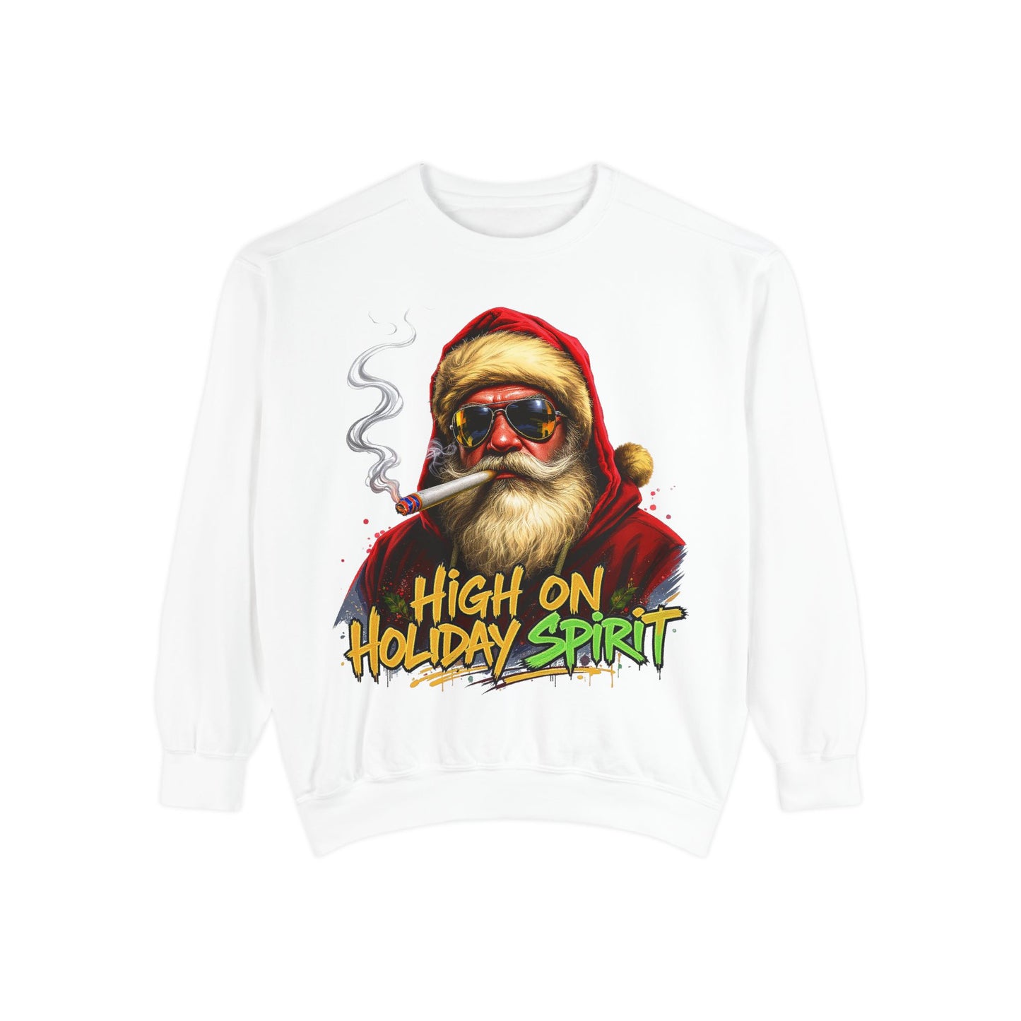 Holiday Santa Sweatshirt - High on Holiday Spirit - Graphic Christmas Crewneck