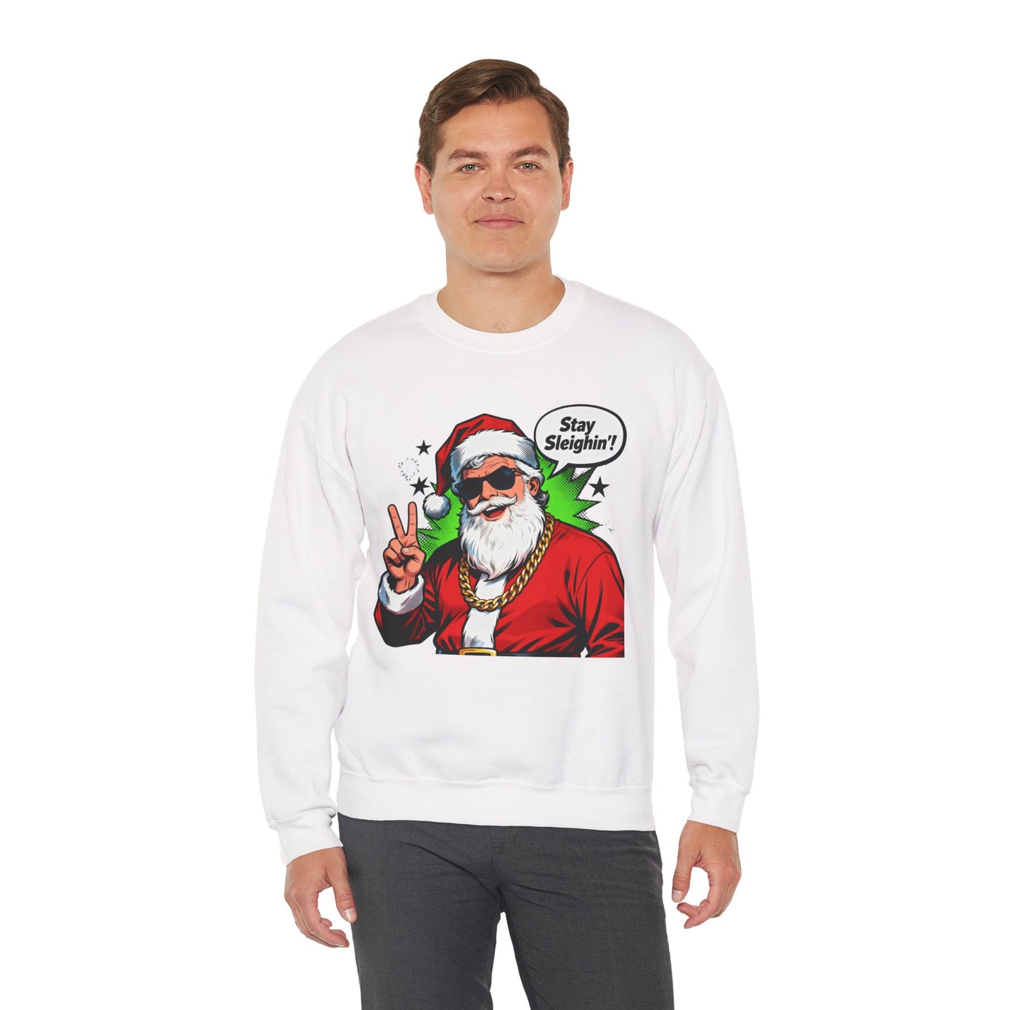 Stay Sleighin' Sweatshirt - Santa Peace Sign Christmas Crewneck | Loom Noir