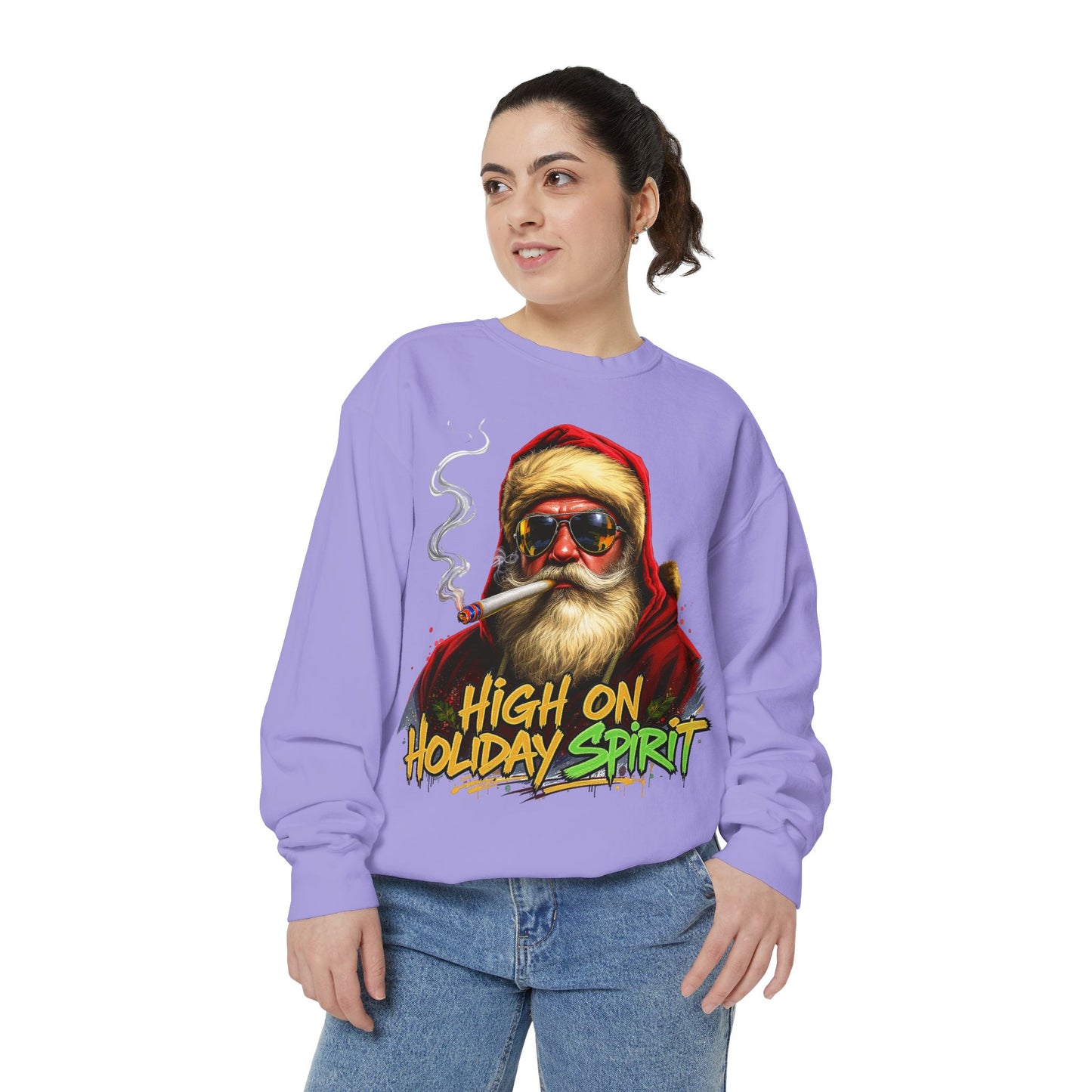 Holiday Santa Sweatshirt - High on Holiday Spirit - Graphic Christmas Crewneck