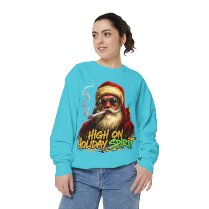 Holiday Santa Sweatshirt - High on Holiday Spirit - Graphic Christmas Crewneck