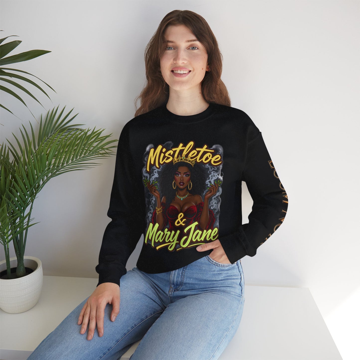 Mistletoe & Mary Jane Crewneck | Cannabis Holiday Sweatshirt