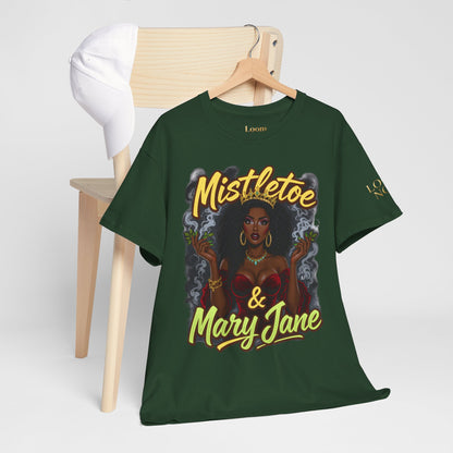 Mistletoe & Mary Jane Holiday Cannabis T-Shirt | Festive Weed Tee