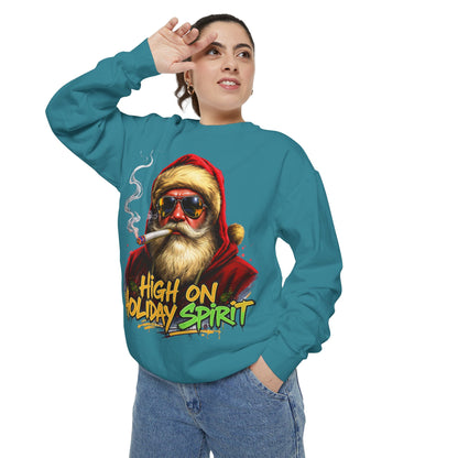 Holiday Santa Sweatshirt - High on Holiday Spirit - Graphic Christmas Crewneck