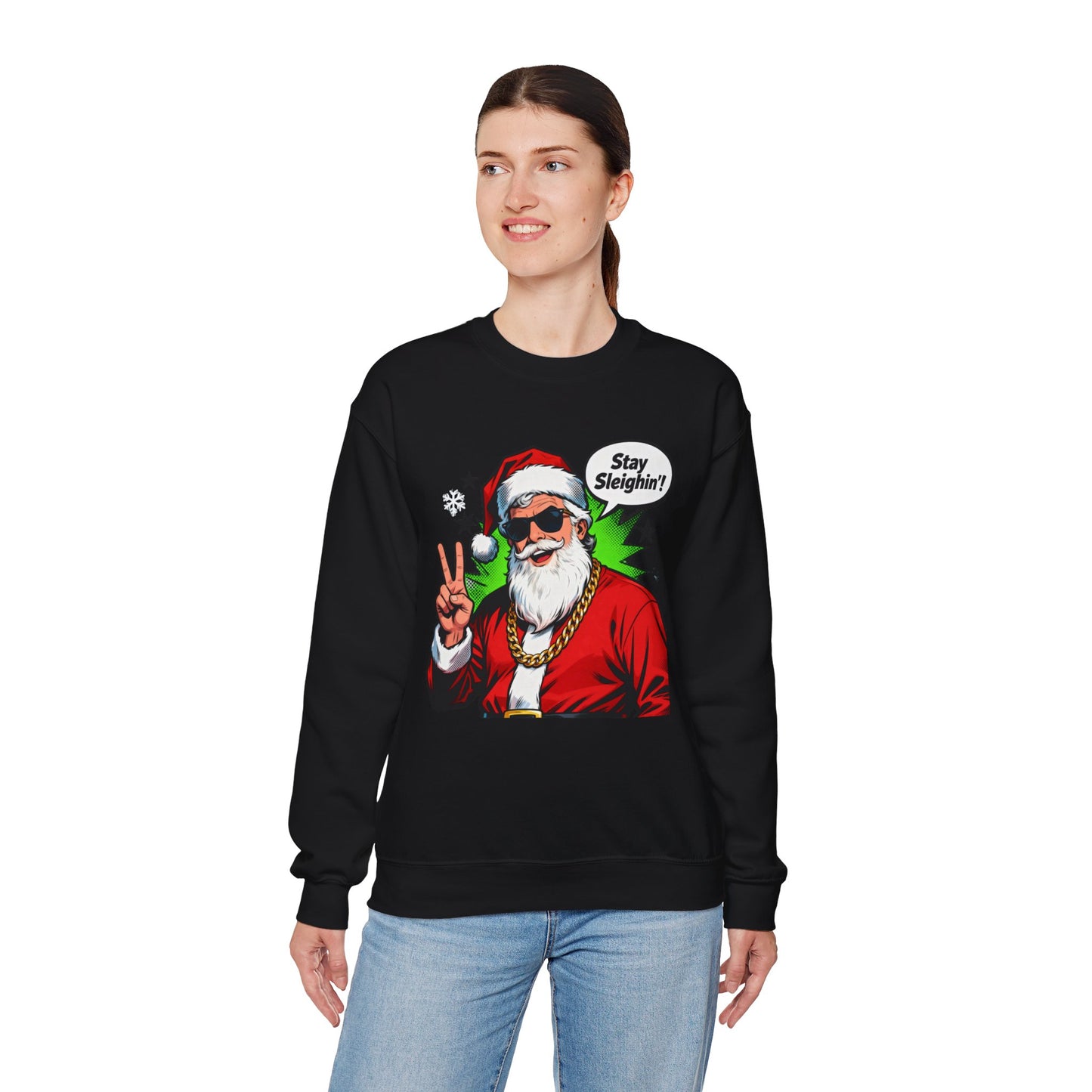 Stay Sleighin' Sweatshirt - Santa Peace Sign Christmas Crewneck | Loom Noir