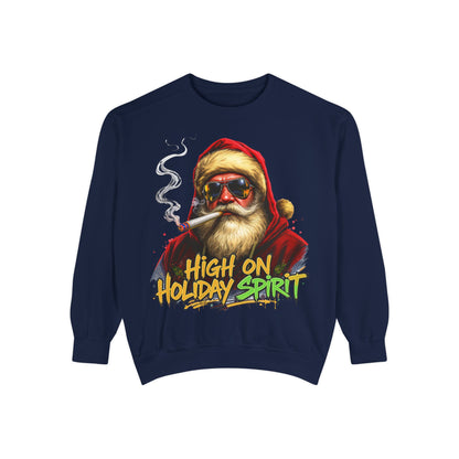 Holiday Santa Sweatshirt - High on Holiday Spirit - Graphic Christmas Crewneck