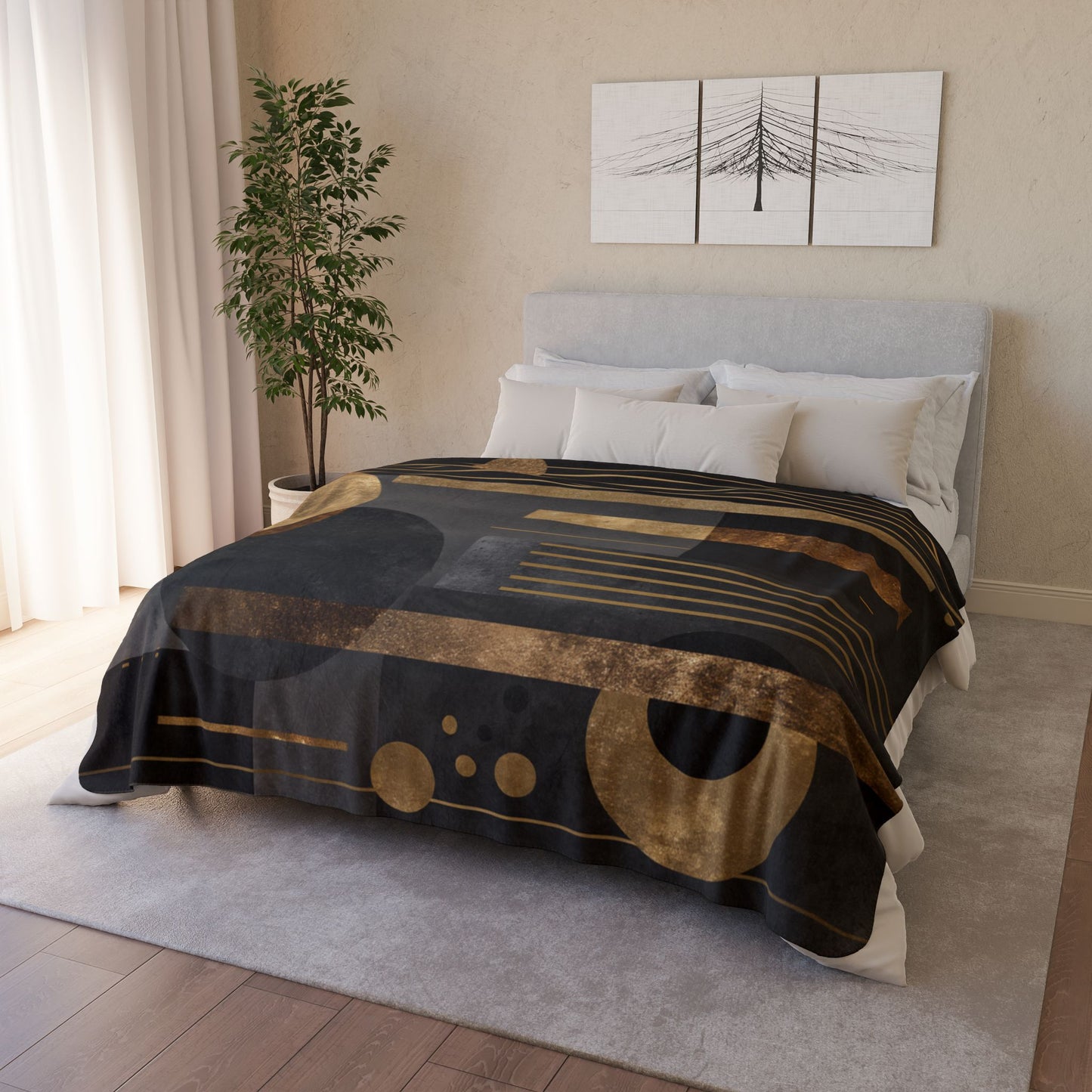 Art Deco Geometric Sherpa Blanket | Luxe Gold & Charcoal Throw