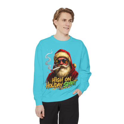 Holiday Santa Sweatshirt - High on Holiday Spirit - Graphic Christmas Crewneck