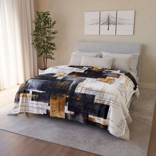 Geometric Abstract Sherpa Blanket — Modern Gold & Charcoal Fleece Throw