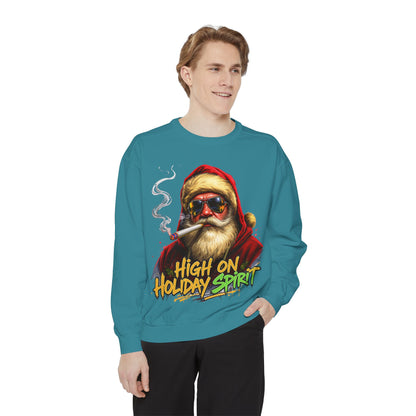 Holiday Santa Sweatshirt - High on Holiday Spirit - Graphic Christmas Crewneck