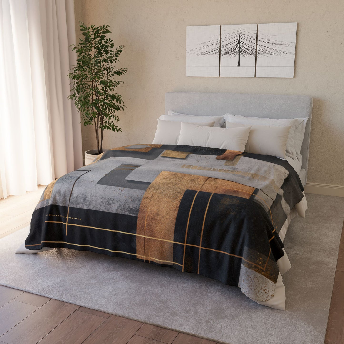 Geometric Gold & Slate Sherpa Blanket | Modern Abstract Throw