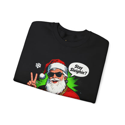 Stay Sleighin' Sweatshirt - Santa Peace Sign Christmas Crewneck | Loom Noir