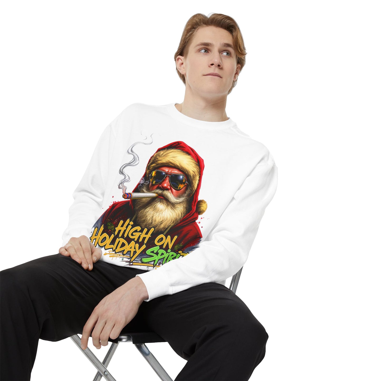 Holiday Santa Sweatshirt - High on Holiday Spirit - Graphic Christmas Crewneck