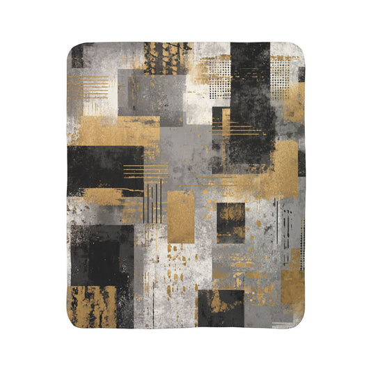 Modern Abstract Geometric Sherpa Blanket — Gold, Gray & Black Cozy Throw
