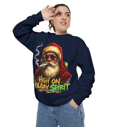 Holiday Santa Sweatshirt - High on Holiday Spirit - Graphic Christmas Crewneck